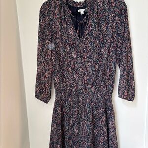 J. Crew Blue and Red V-Neck Midi Sundress with Cuffed Sleeves